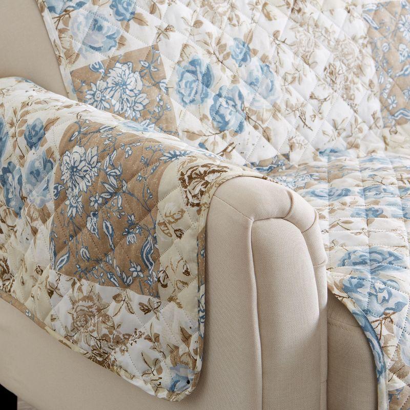 Great Bay Home Floral Patchwork Reversible Furniture Protector  (Recliner, Taupe / Blue)