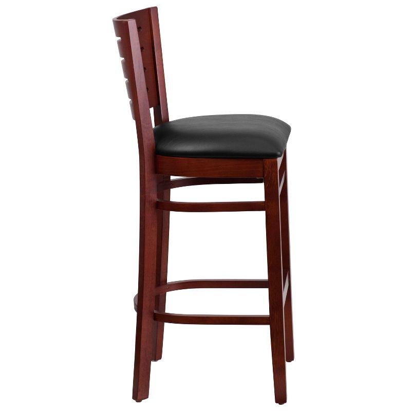 Mahogany Wood and Black Vinyl Slat Back Barstool