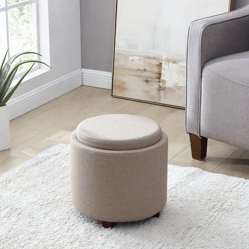 Ornavo Home Lawrence Round Storage Ottoman with Table Top Lid - Linen Beige