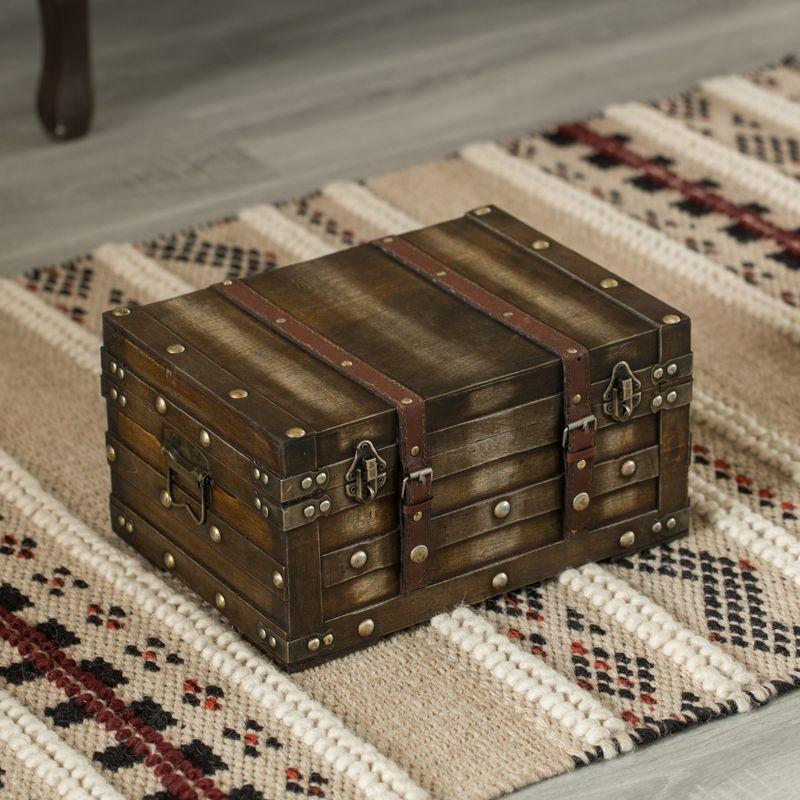 Vintiquewise Wooden Brown Storage Trunk with Faux Leather Straps and Handles