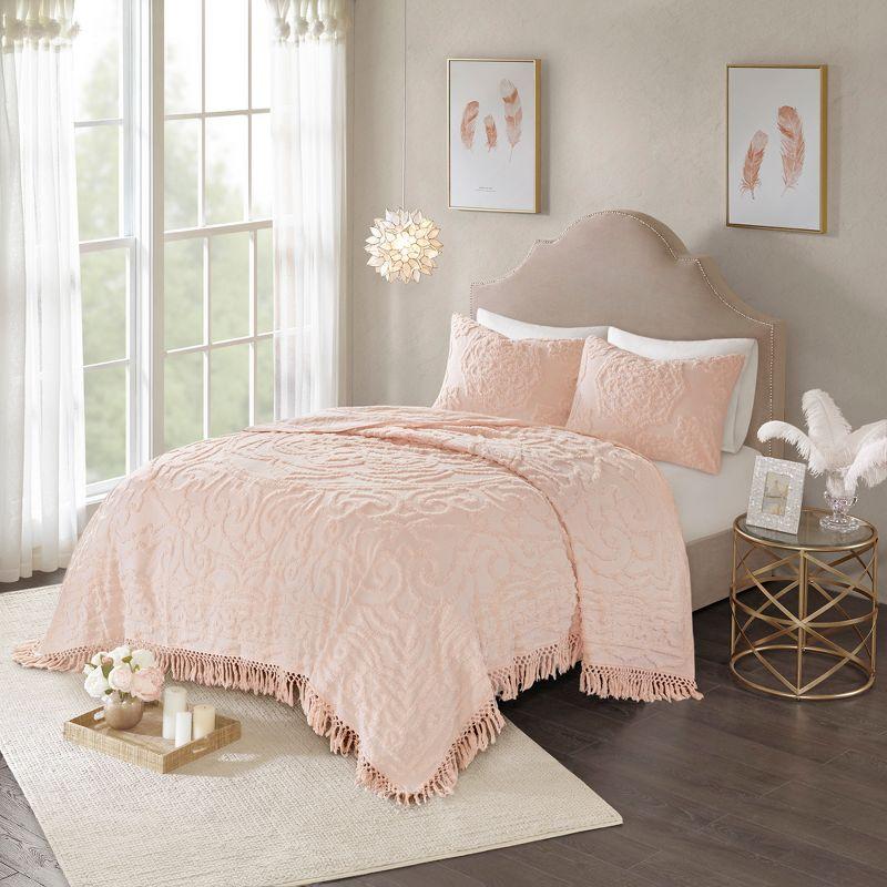 King Blush Cotton Chenille Medallion Fringe Coverlet Set