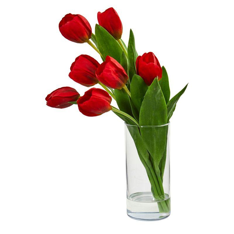 Red Tulip Artificial Arrangement in Clear Glass Vase