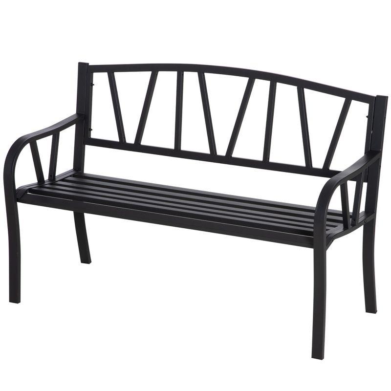 Outsunny Metal Garden Bench, Black Outdoor Bench for 2 People, Park-Style Patio Seating Decor with Armrests & Backrest, Black