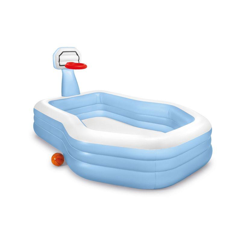 Blue and White Oval Inflatable Pool with Basketball Hoop