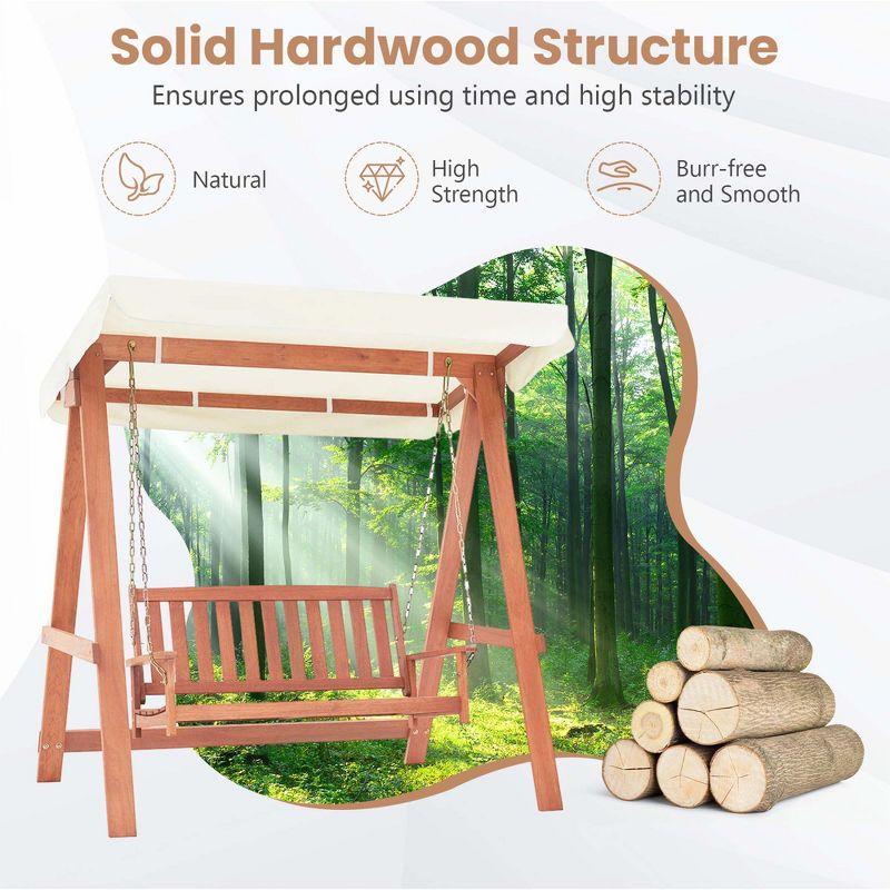 Costway Wood Porch Swing with Canopy Outdoor Patio 2-Seat Swing Bench with Cushions Backyard