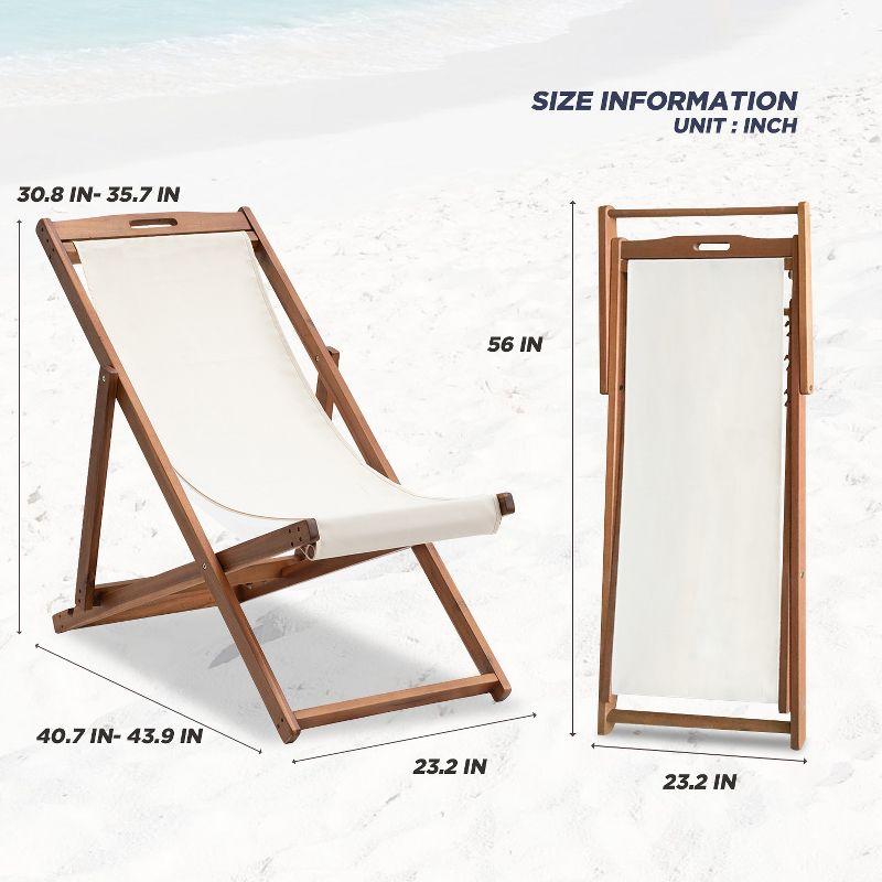 FDW Beach Sling Patio Chair for Relaxing, Foldable with Adjustable Height Made from Eucalyptus Wood with White Polyester,Khaki