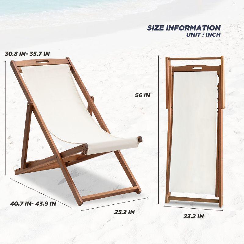 FDW Beach Sling Patio Chair for Relaxing, Foldable with Adjustable Height Made from Eucalyptus Wood with White Polyester