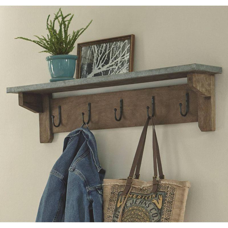 Millwork Hook Shelf Wood and Zinc Metal Silver/Light Amber - Alaterre Furniture: Galvanized Finish, 5 Hooks, Wall Mounted