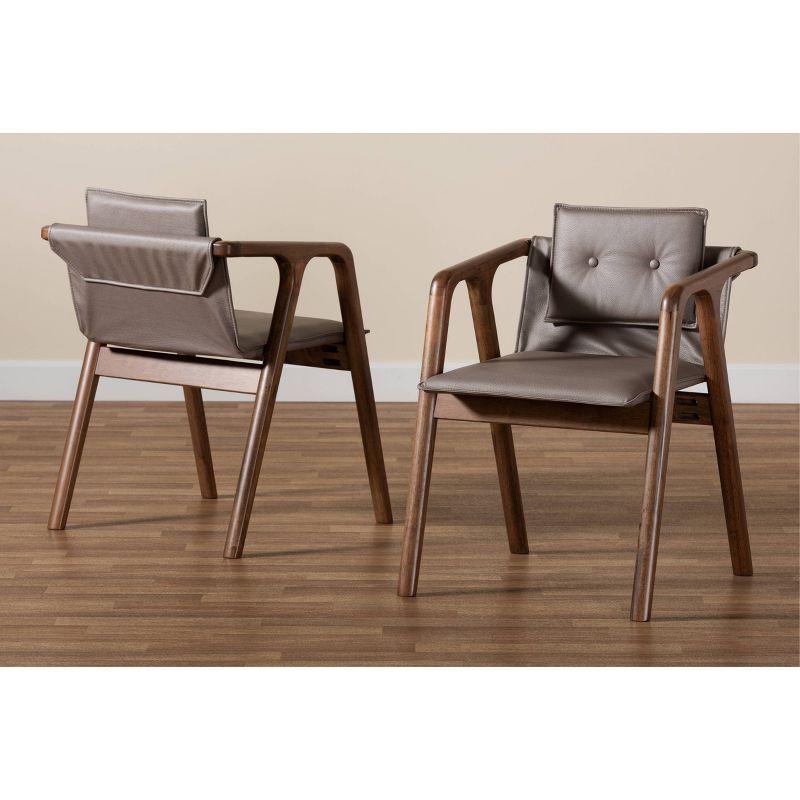 Baxton Studio 2pc Marcena Leather Upholstered and Wood Dining Chair Set Gray/Walnut Brown: Elegant Button-Tufted, Ergonomic Armrests