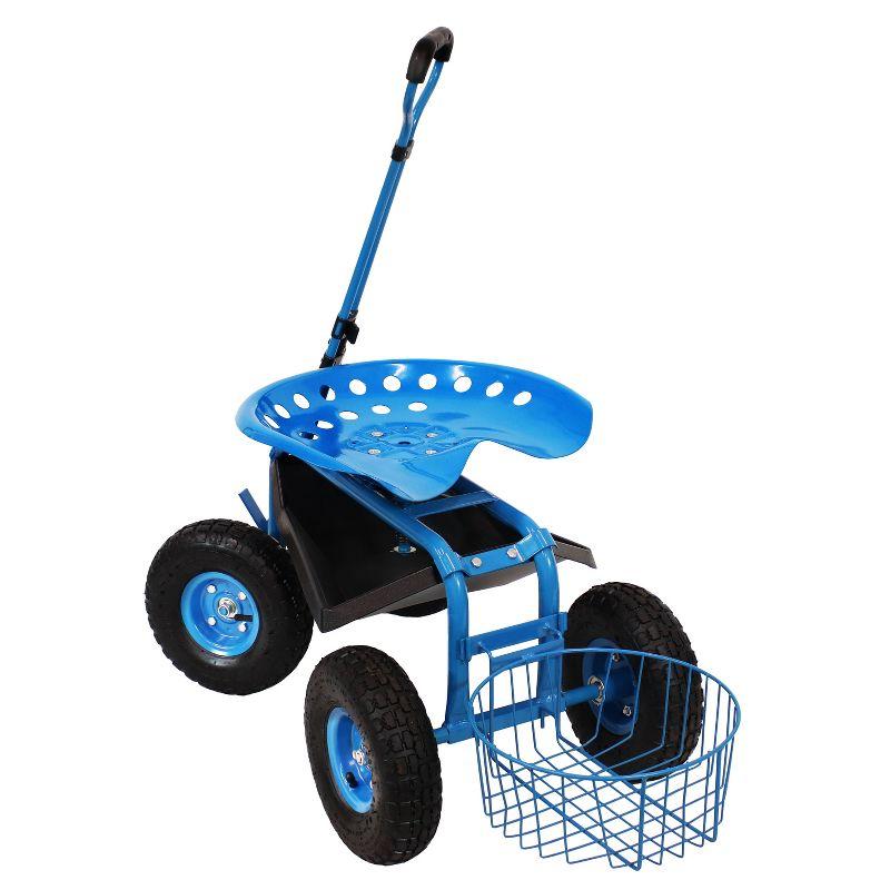 Sunnydaze Outdoor Heavy-Duty Steel Rolling Gardening Cart with Extendable Steer Handle, Swivel Chair, Tool Tray, and Basket - Blue