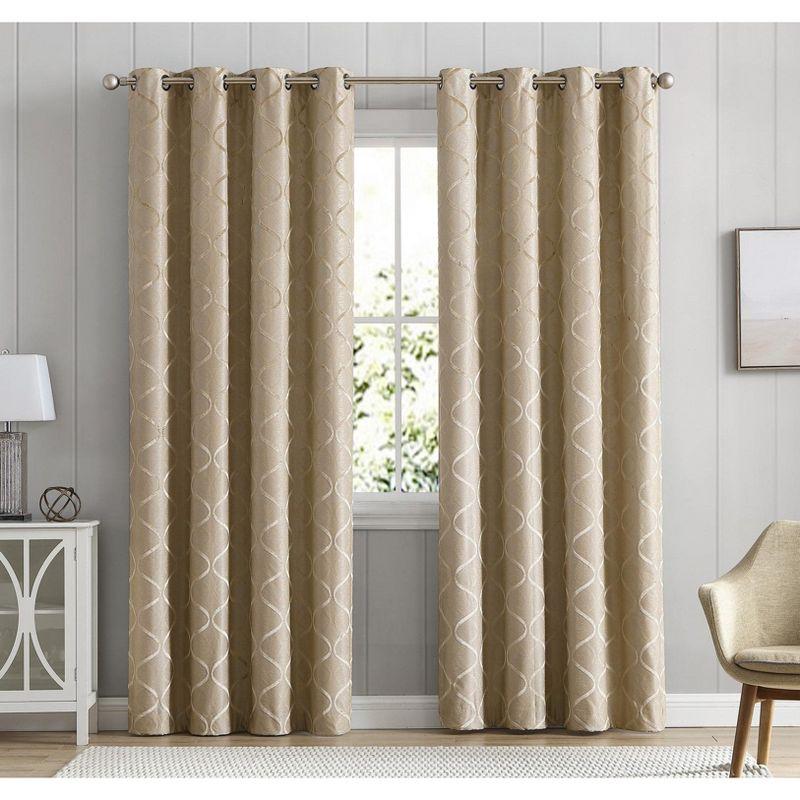 HLC.ME Versailles Lattice Flocked 100% Complete Blackout Thermal Insulated Window Curtain Grommet Panels, Set of 2 - Taupe, 50 W x 63 L