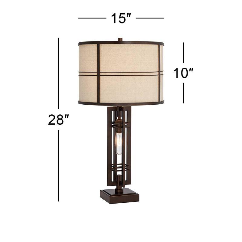 Franklin Iron Works Elias Modern Industrial Table Lamp 28" Tall Oiled Bronze with Nightlight Off White Oatmeal Drum Shade for Bedroom Living Room Kids