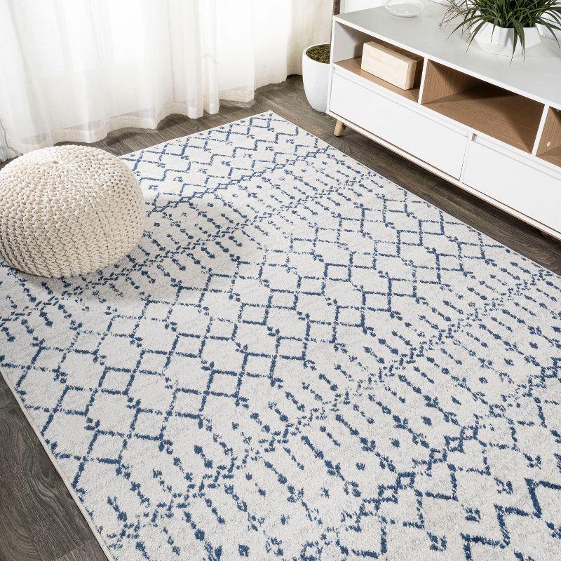 Ivory Navy Moroccan Trellis 5' x 8' Washable Synthetic Rug