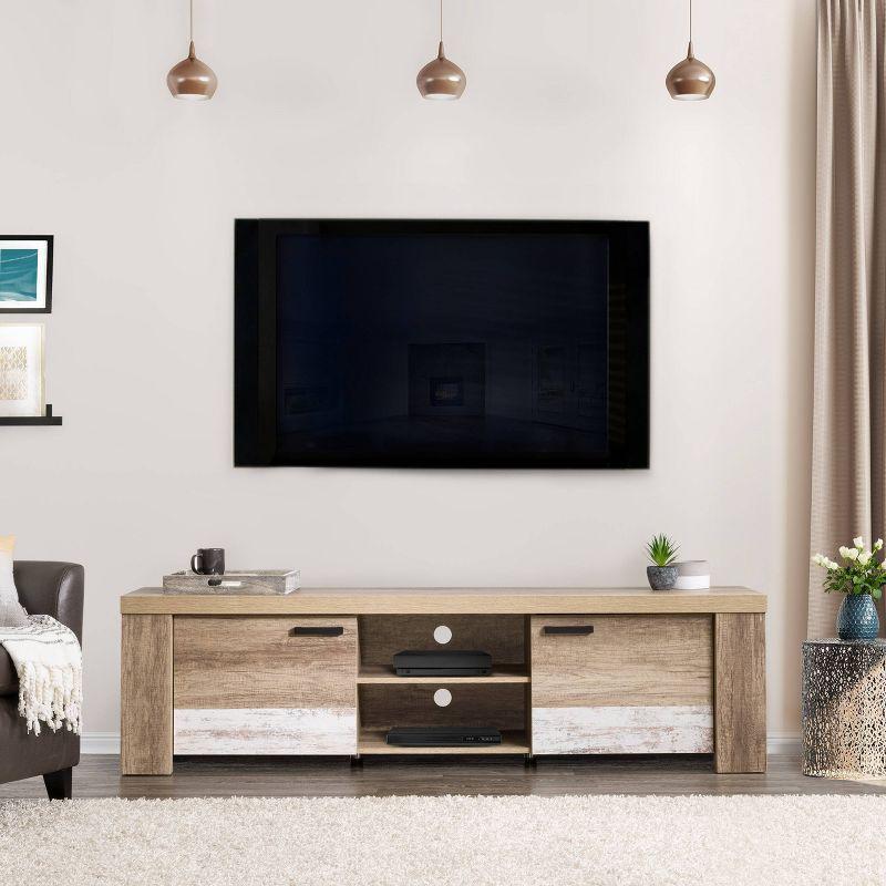 Joliet Warm Beige & White Distressed TV Stand with Cabinet for 80" TVs