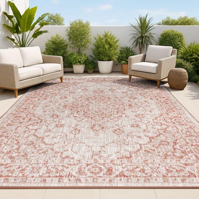 4'x6' Rozetta Boho Medallion Textured Weave Indoor/Outdoor Area Rug, Red/Taupe - JONATHAN Y