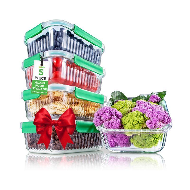 NutriChef 5-Piece Superior Glass Food Storage Containers Set - Stackable Design, Newly BPA-free Airtight Locking lids with Wave Design