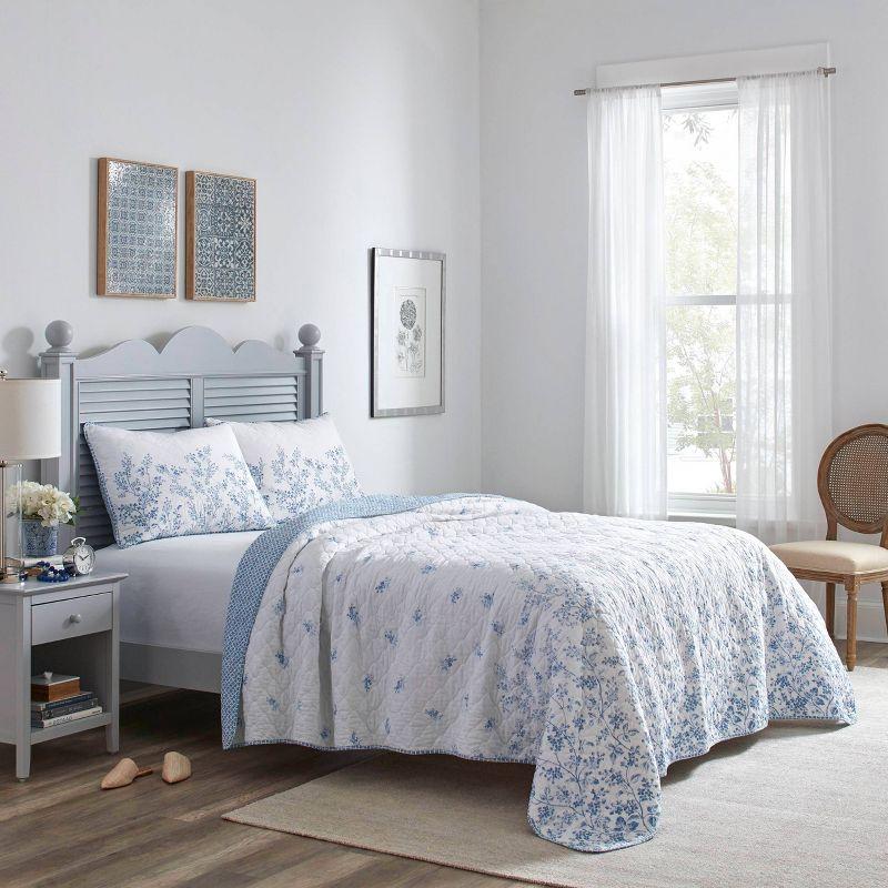 Flora Blue Cotton Reversible King Quilt Set