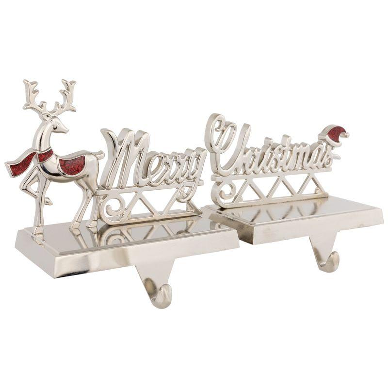 Set of 2 Silver Reindeer Merry Christmas Metal Stocking Holders