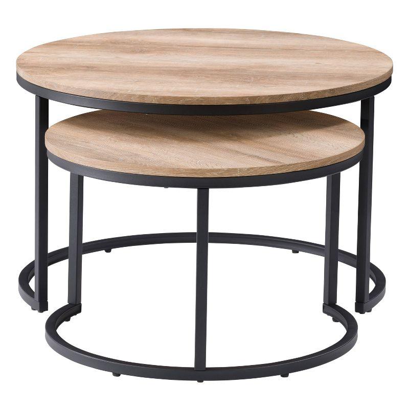 Set of 2 Wood Grain Finish Forth Worth Round Nesting Coffee Table Light Brown - CorLiving: Metal Legs, Small Space Design