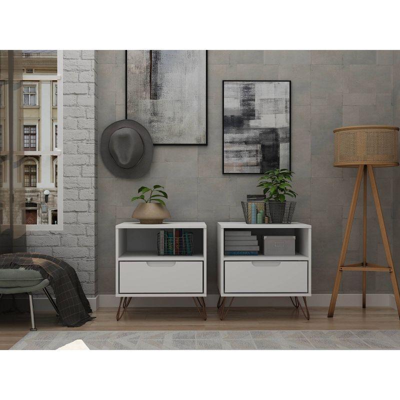 Set of 2 Rockefeller 1 Drawer Nightstands White - Manhattan Comfort: Mid-century Design, Metal Legs, Open Shelf