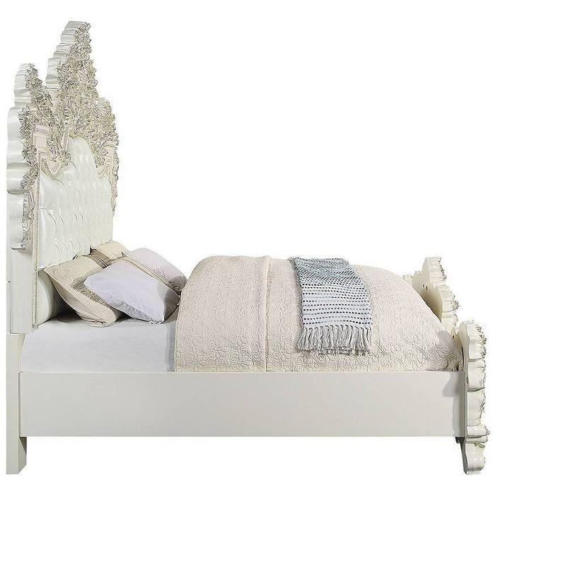 Acme Furniture: 90" Eastern King Bed Adara Bed White Synthetic Leather and Antique White Finish Victorian Style, Tufted Headboard