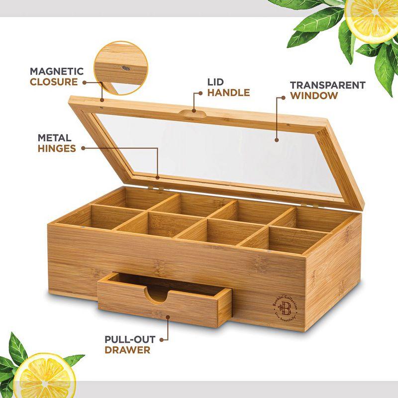 Bamboo Tea Bag Organizer - Tea Organizer: Wooden Tea Box with 8 Compartments, Acrylic Window, and Magnetic Lid, Keeps Tea Bags Fresh - Great Gift Idea