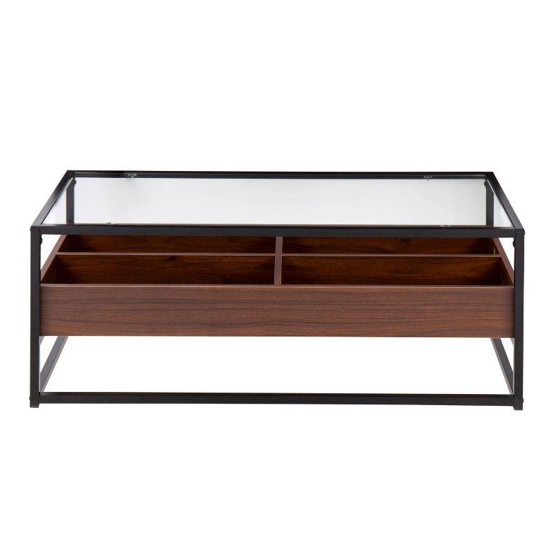 Contemporary Black Steel and Walnut Wood Coffee Table with Clear Glass Top