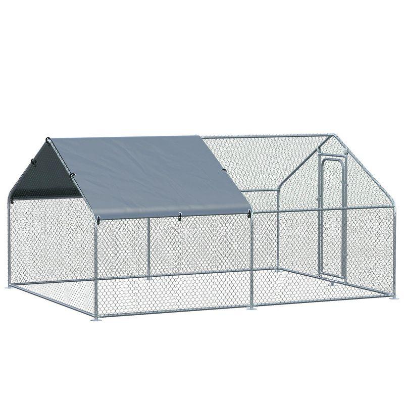 PawHut Galvanized Large Metal Chicken Coop Cage 2 Rooms Walk-in Poultry Hen Run House Rabbit Hutch UV & Water Resistant Cover 10' x 13' x 6.5' Silver