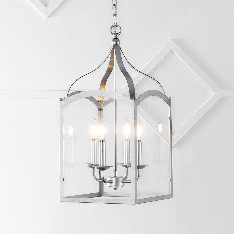 11" LED 4-light Ruth Classic Lantern Metal/Glass Pendant Silver - JONATHAN Y: ETL Listed, Adjustable Height