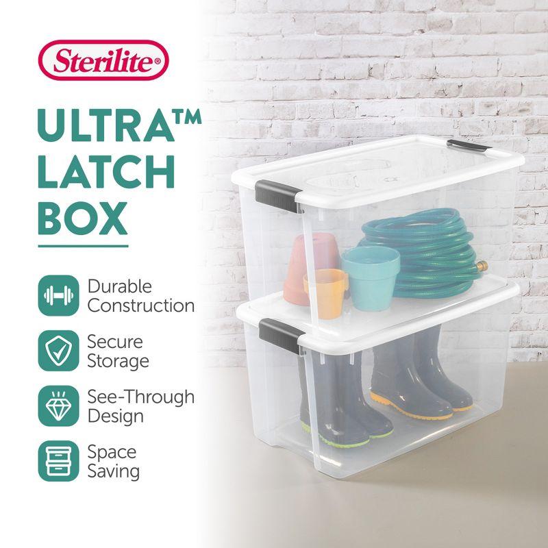 Sterilite Ultra Latch Box, Stackable Storage Bin with Lid, Plastic Container with Heavy Duty Latches to Organize, Clear and White Lid