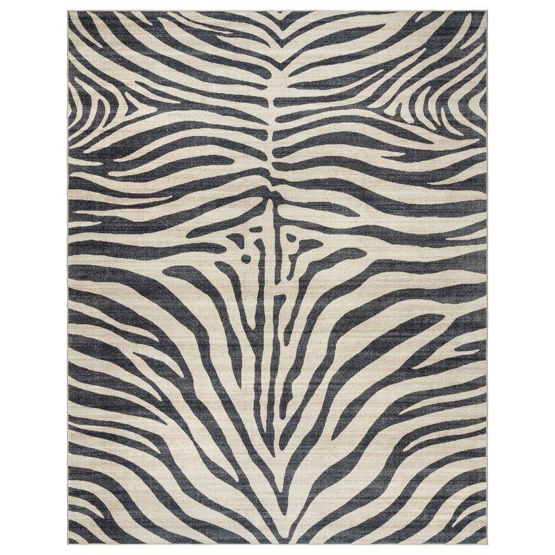 Gertmenian Crystal Print Zebra Black Ivory Cream Modern Animal Print Washable Flat Pile Indoor Area Rug