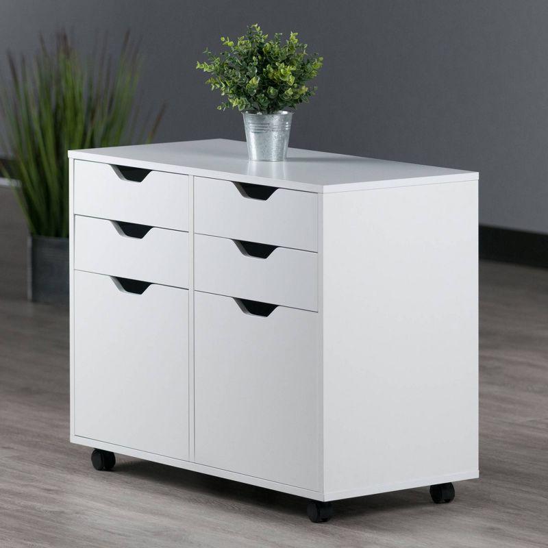 Modern White Composite Wood Mobile Storage Cabinet with Locking Wheels