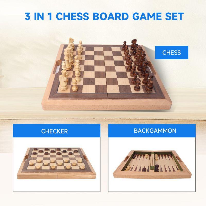 GSE 3-in-1 Wooden Folding Chess, Checker and Backgammon Board Game Combo Set