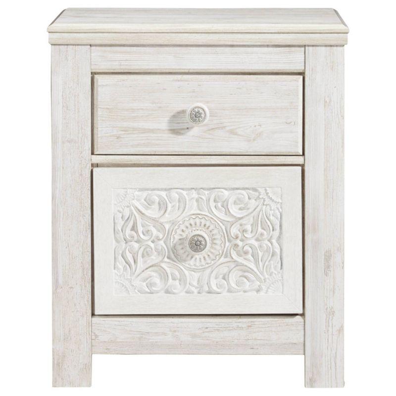 Paxberry Two Drawer Nightstand White Wash - Signature Design by Ashley: Traditional Style, USB Port, Storage Function