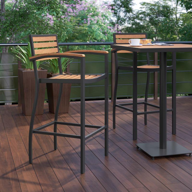 Flash Furniture Lark Commercial Grade Bar Height Stool with Arms, All-Weather Outdoor Bar Stool with Faux Wood Poly Resin Slats and Aluminum Frame