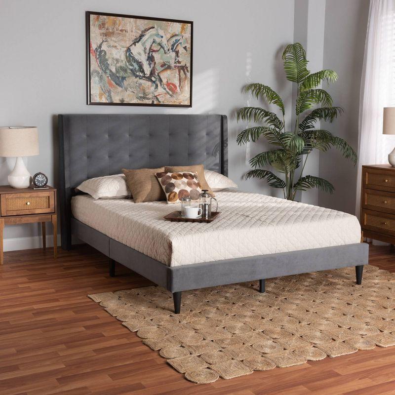 Gothard Modern Grey Velvet & Dark Brown Wood Queen Platform Bed