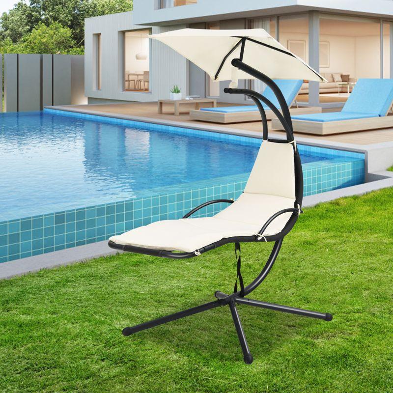 Tangkula Outdoor Hanging Chaise Lounge Chair Floating Chaise Swing Lounger w/Canopy & Cushion Beige