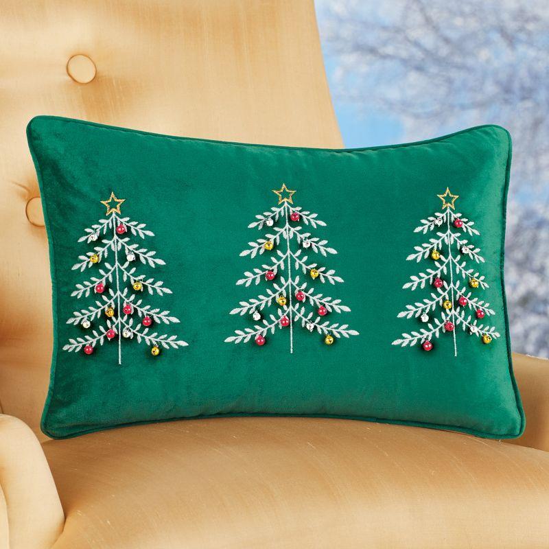 Green Velvet Christmas Trees Embroidered Accent Pillow with 3D Ornaments