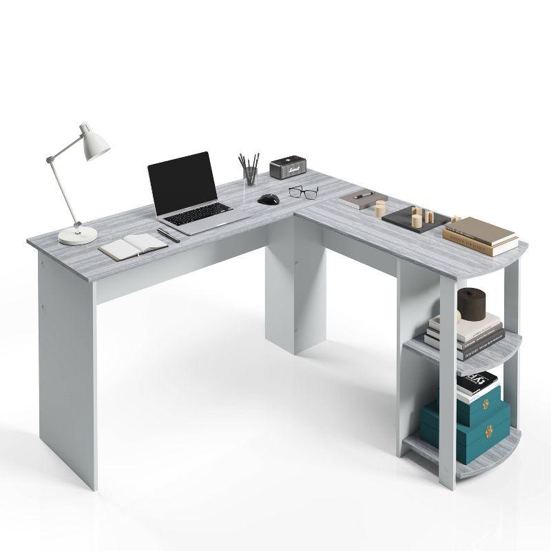 Modern Gray L-Shaped Home Office Desk with Side Storage Shelves