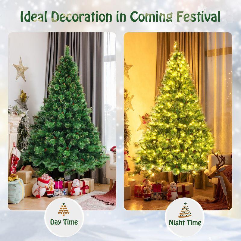 Costway 6ft\7ft\8ft Pre-lit Hinged Christmas Tree w/ 777\1233\1913 Glitter Tips & Pine Cones