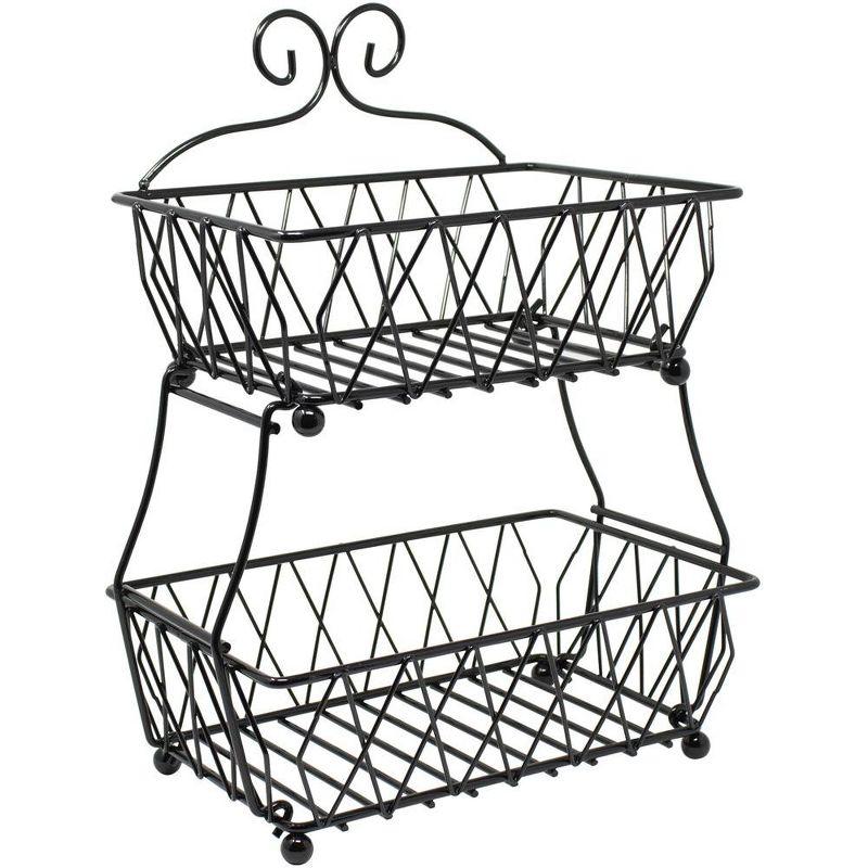 2-Tier Fruit Bread Basket Display Stand, Counter Storage for Kitchen, Bathroom, Rectangular Antique Metal