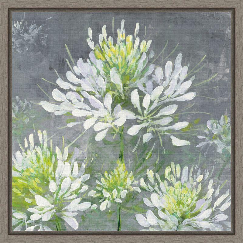 Gray and White Floral Canvas Print with Wooden Frame