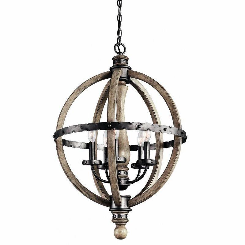 Evan 30" 5 Light Chandelier in Distressed Antique Gray Wood with Anvil Iron Detailing