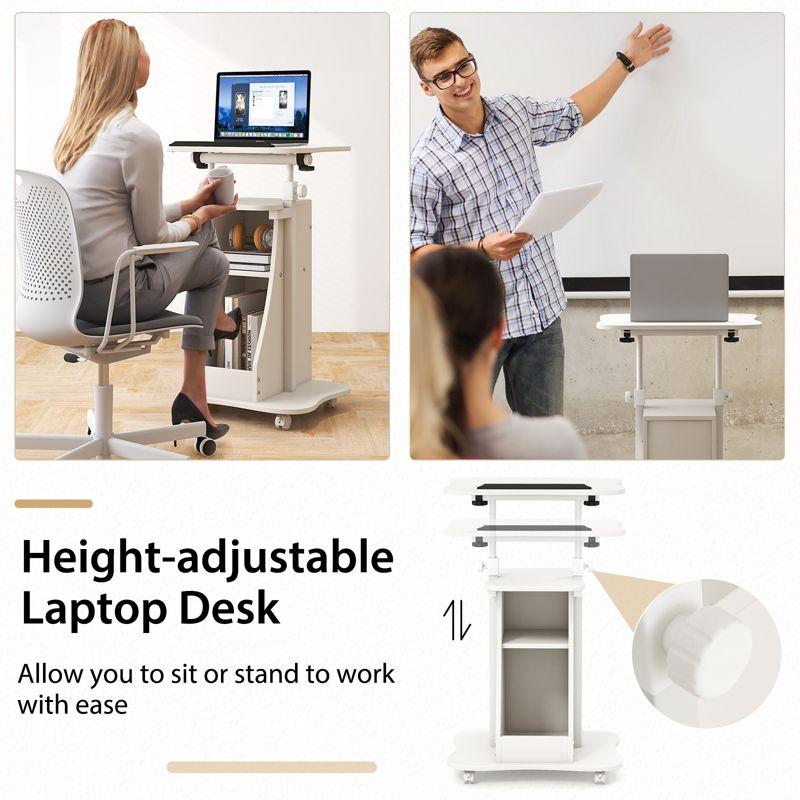 Costway Mobile Podium Stand  Height Adjustable Laptop Cart with Storage Compartments Rolling Lectern with Lockable Casters for Classroom Office White