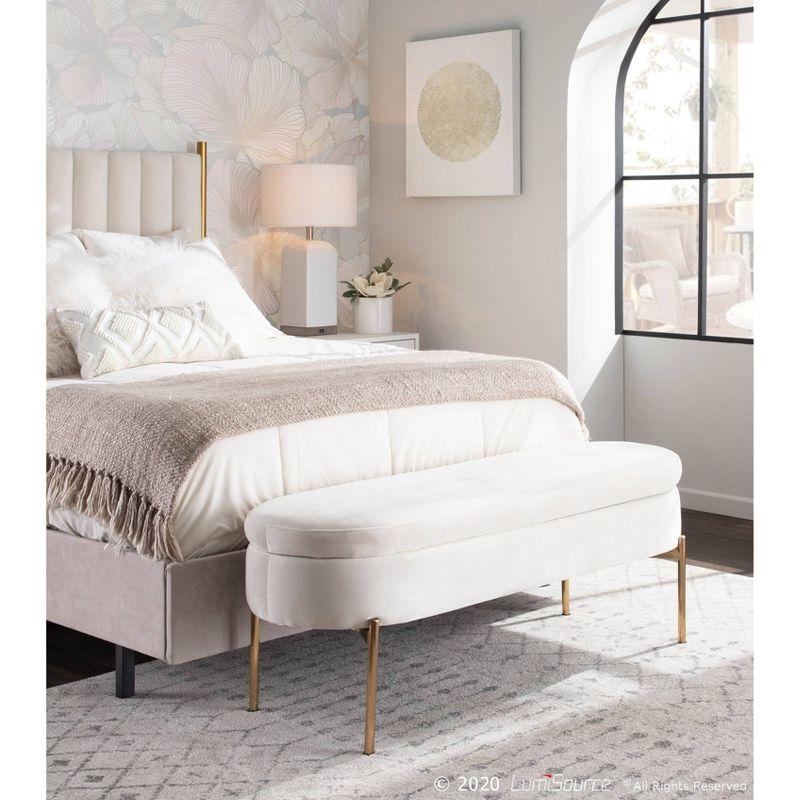 48" Chloe Contemporary Upholstered Storage Bench Gold/Cream - LumiSource: Velvet Seating, Metal Base