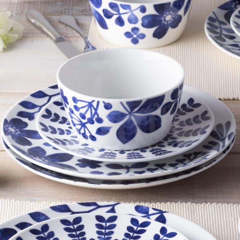 Blue and White Floral Porcelain 12-Piece Dinnerware Set