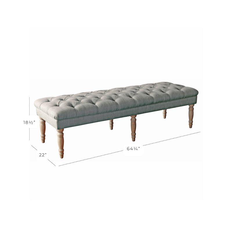 Layla 65'' Gray Tufted Fabric Bench with Turned Wood Legs