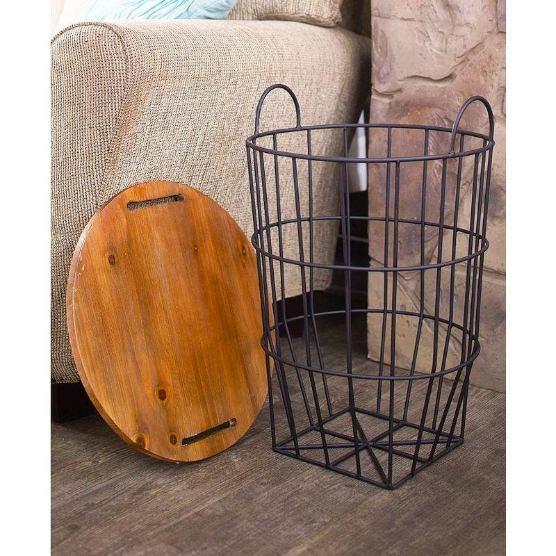 The Lakeside Collection Metal Storage Basket Side Table with Carrying Handles and Wooden Lid