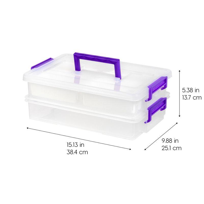IRIS USA 9.4 Qt 2 Layer Stack and Carry Storage Containers with Bulked-Up Lid and 4 Removable Dividers, Clear/Violet