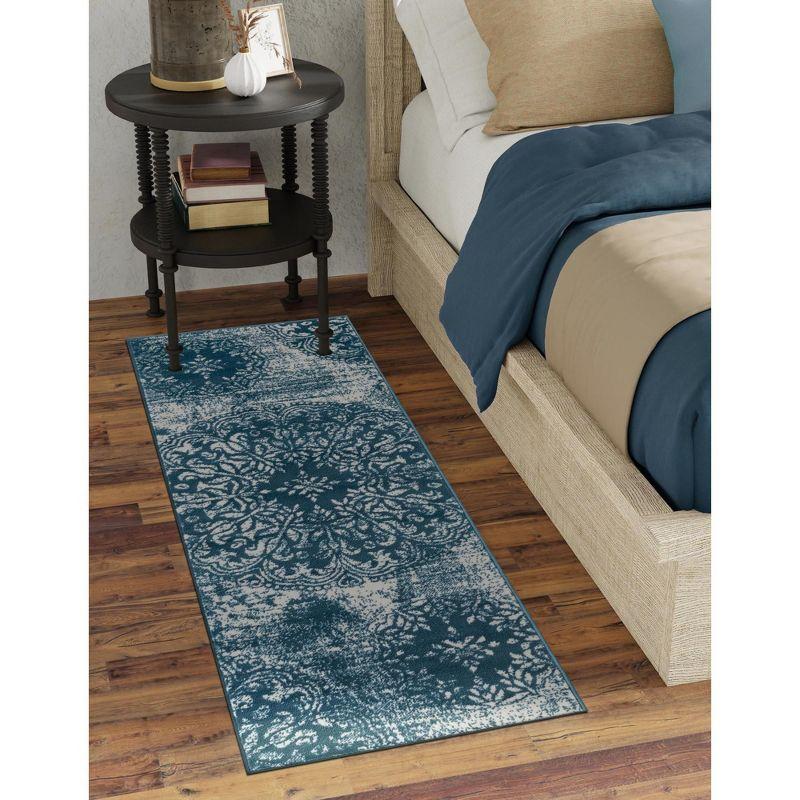 Blue Floral Synthetic Easy Care Runner Rug